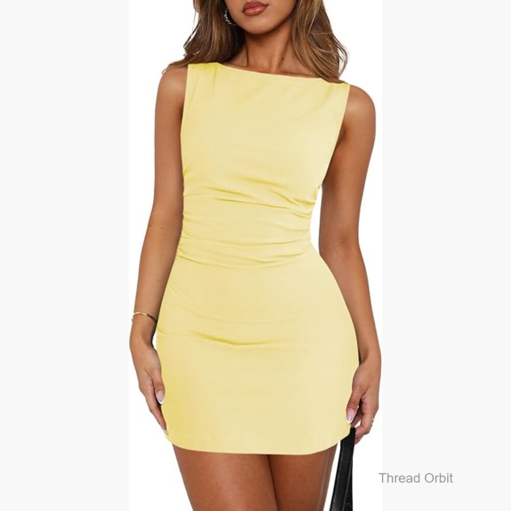 Sleeveless Boat Neck Mini Dress Ruched Bodycon Summer Cocktail Party